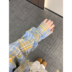vintage黄蓝格子衬衫男高级感美式复古格纹长袖上衣chic早春外套
