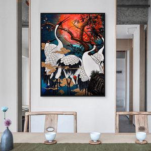 中国风五福仙鹤祥云装饰画手绘油画玄关客厅新中式高端丹顶鹤挂画