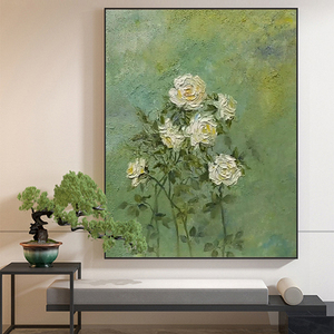 新中式玉兰花装饰画玄关油画纯手绘肌理画客厅花卉森系挂画石英砂