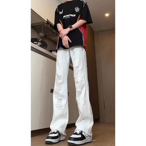 白色破洞牛仔裤男夏季美式高街vibe毛边裤子高腰显瘦微喇直筒长裤