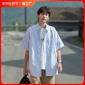 日系工装条纹衬衫男款夏季薄款少年感休闲衬衣学院风百搭宽松外套