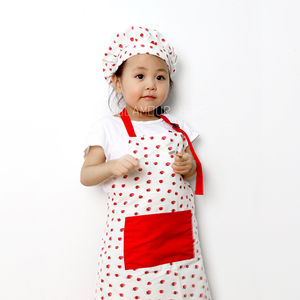 出口单纯棉布加厚卡通儿童围裙厨师帽套装家用厨房小孩画画衣防污