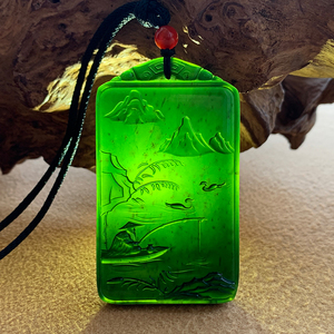 岫玉501料墨绿玉石山水牌男士挂件墨玉雪花棉玉牌辽宁岫岩玉吊坠