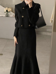 赫本风黑色鱼尾连衣裙秋冬季2022新款气质女装高级感两件套装裙子