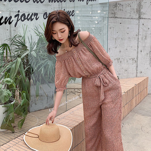 网红连体裤女夏2019新款韩版显瘦雪纺阔腿裤一字肩时尚显瘦连衣裤