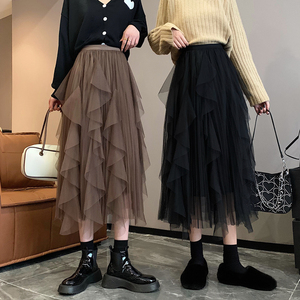 百褶蛋糕裙女ins不规则纱裙2021秋冬新款网纱半身裙中长款配毛衣