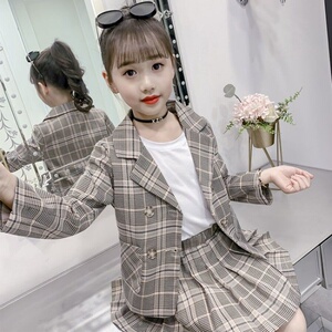 女童西装套装秋季11岁女孩霸气中大童洋气网红格子外套儿童两件套