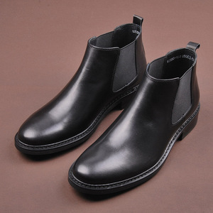 春夏欧版圆头高帮男鞋黑色大头松紧带鞋舒适耐磨软底欧版高帮皮鞋