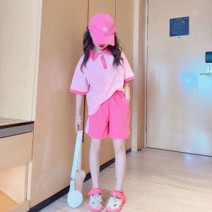女童夏季短袖短裤套装时髦韩版休闲中大童粉红色POLO衫女孩两件套
