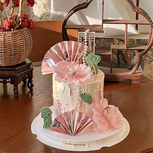 512中式优雅柔美母亲节主题蛋糕装饰粉色国风蝴蝶兰折扇屏风插件