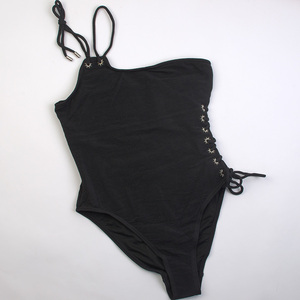 出口外单黑色螺纹高开叉单肩性感三角连体泳衣女显瘦防滑成人泳装