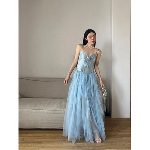YanaRita光尘曲设计感浪漫多层网纱仙女裙蓬蓬大摆飘逸蓝色半身裙