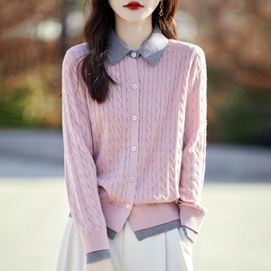 春装新款POLO领假两件撞色羊毛针织衫女韩版气质减龄毛衣开衫外套