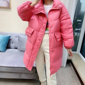 粉色高领羽绒服女中长款2020冬季新款韩版学生宽松直筒白鸭绒外套