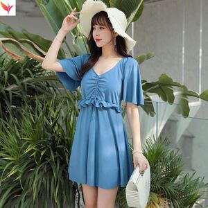 外穿泳衣微胖mm女孩大码超仙遮肉连体连身超薄速干半袖保守拍照潮