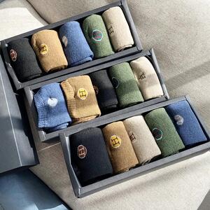 一盒5双装 秋冬款男士棉质保暖高弹针织中筒袜情侣款袜子