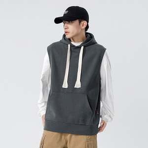 秋冬季卫衣男宽松套头无袖上衣连帽衫帅气百搭有口袋外穿背心外套