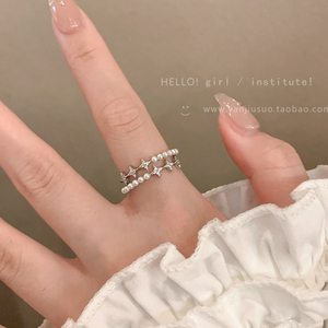 双层锆石珍珠戒指女小众设计开口可调节食指戒轻奢高级感独特指环