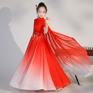 古筝演出服女童中大童中国风二胡笛子摄影古典舞女孩红色表演服装