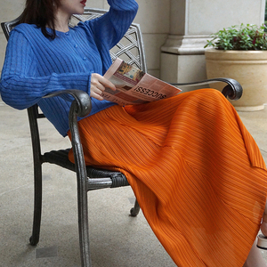 褶皱半身裙女最又bestu宽松显瘦a字裙压皱中长款橙色不规则百褶裙