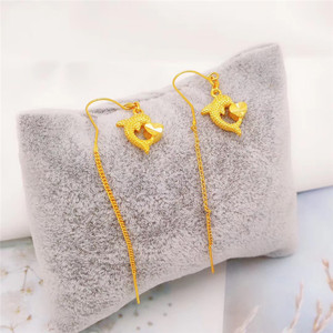 周大福星24k越南沙金999黄金蝴蝶结小海豚耳线耳链细长款女耳环