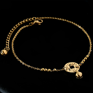 周大福星999纯银镀18k玫瑰金脚链女铃铛黄金森系不掉色网红冷淡风