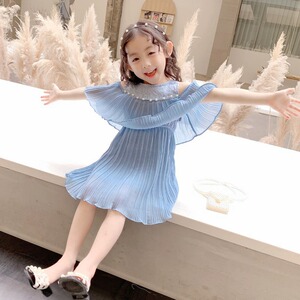 女童夏装连衣裙小童雪纺公主裙小女孩蕾丝露肩裙子儿童纯色百褶裙