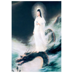 手绘乘龙观音佛像唐卡骑龙观世音菩萨相纸塑封画像装饰画挂画定制