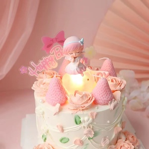 少女心生日蛋糕装饰发光云朵小天使摆件可爱小女孩草莓蜡烛装扮
