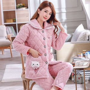官网罗丽丝睡衣女士秋冬季加厚三层夹棉袄珊瑚绒家居服套装加绒