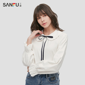 三福衬衫女韩版娃娃领绑带灯笼袖格子衬衫气质衬衣女421122