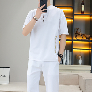夏季棉麻套装男士韩版短袖搭配一套汉服唐装潮流休闲中国风T恤男