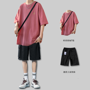 夏季纯棉短袖t恤男潮牌男生衣服搭配工装裤一套帅气半截袖套装男