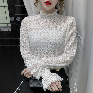 玲濛性感蕾丝衫女2021年秋冬新款半高领上衣百搭喇叭袖镂空打底衫