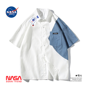 NASA联名牛仔拼接短袖衬衫男夏季薄款潮牌设计感宽松休闲衬衣外套