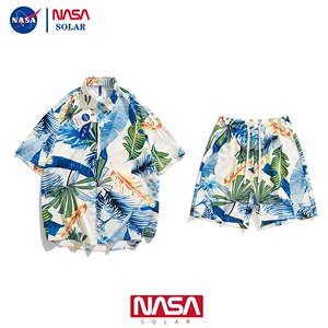 NASA夏威夷风衬衫套装男夏季度假休闲短袖短裤海滩花衬衣海南岛服