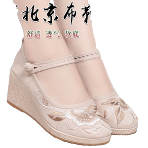 老北京布鞋女2024春夏新款民族风绣花鞋高跟坡跟古风汉服鞋旗袍鞋