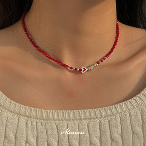 Marina | 925纯银爱心合成红珊湖手工串珠项链小众新中式锁骨链女