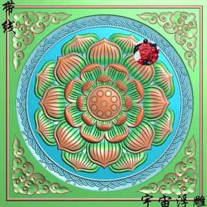 精雕图圆形莲花云角花寺庙佛堂吊顶云角花石雕浮雕图灰度雕刻图