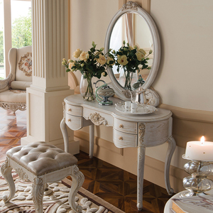 欧式水曲柳实木化妆台仿古白梳妆桌家用小户型梳妆镜梳妆凳梳妆台