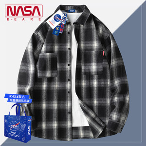 NASA联名双口袋格子长袖衬衫男早春2024新款百搭美式复古衬衣外套