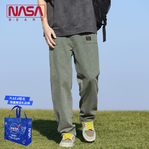 NASA联名军绿牛仔裤男夏季薄款美式垂感男生水洗阔腿长裤休闲裤子