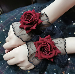 暗黑系lolita洛丽塔蕾丝手腕套手袖女酒红色玫瑰花礼服袖套包邮
