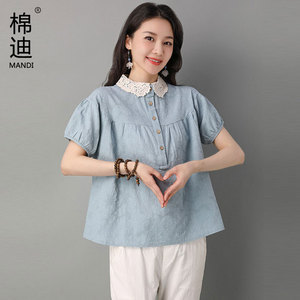 复古棉麻上衣夏季2022新款女士短袖亚麻韩版宽松t恤苎麻妈妈衬衫