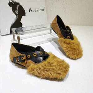 特价艾诗图女鞋秋冬新款羊猄皮羊卷毛交叉带平底穿脱两用毛毛鞋