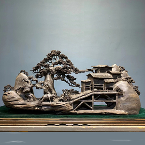精品乌木阴沉木山里人家木雕根雕山水摆件家居玄关客厅装饰艺术品