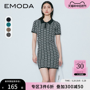 EMODA连衣裙夏季新款减龄翻领修身文艺复古收腰针织短裙