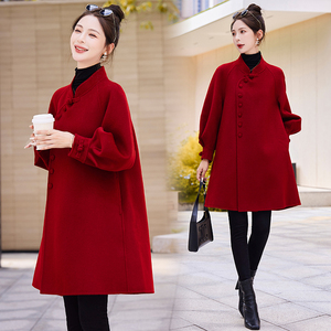 双面羊绒红色呢大衣女新中式国风龙年本命年过年斗篷羊毛呢子外套