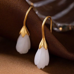 九壹银庄925银镀金和田玉耳坠复古气质简约百搭玉兰花耳环耳饰送