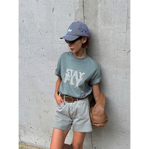 【5折】夏季美式复古字母标语宽松oversize灰绿色百搭短袖T恤